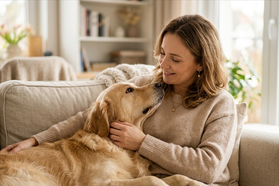 Kobieta przytulająca golden retrievera na kanapie w domu
